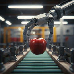 Close up of robotic arm with metallic fingers in gentle grip, holding red apple over conveyor belt. This scene in factory showcases futuristic food production and automation