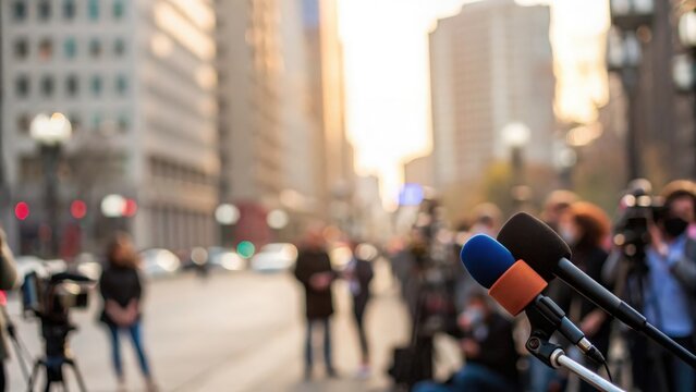 Abstract communication theme with blurred microphones and city view symbolizing journalism
