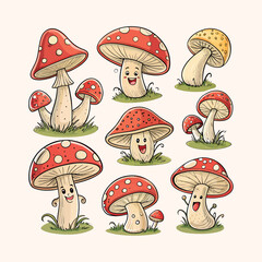 A whimsical illustration of various cartoon mushrooms in a grassy setting