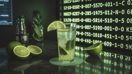  Mojito surrounded by glowing timecodes in a dark hacker cave – Neon greens, cinematic shadows 