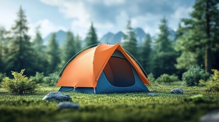 Orange tent pitched in mountain forest glade