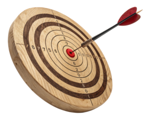 Wooden Dartboard Featuring Bullseye With Arrow Hitting Center Target Representing Success