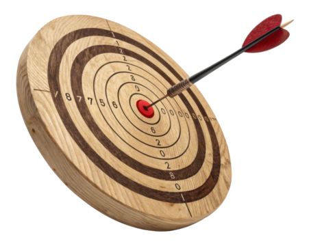 Wooden Dartboard Featuring Bullseye With Arrow Hitting Center Target Representing Success