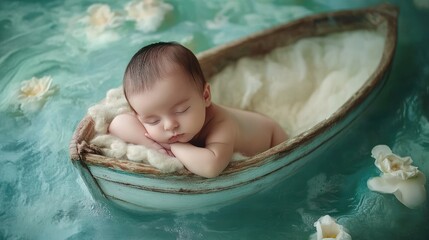 Peaceful newborn baby girl sleeping in a small wooden boat on a teal surface surrounded by flowers.