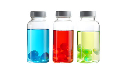 Three big glass bottles filled with medicine.