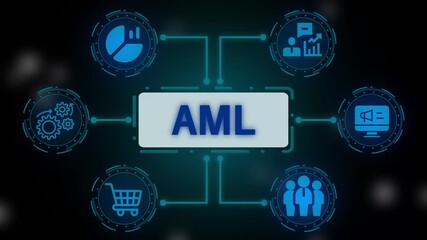 AML Anti-Money Laundering Concept Network,Understanding AML: Digital Representation of Financial Security,AML Compliance and Risk Management Diagram,Financial Crime Prevention: AML Solutions.