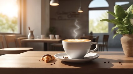 A steaming cup of latte sits on a wooden table in a bright cafe.  Sunlight streams through windows, illuminating the interior.  A croissant and pepper sprinkles are beside the cup