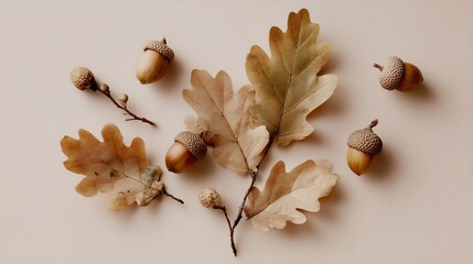 Minimalist Acorn and Oak Leaf Design on Beige Background