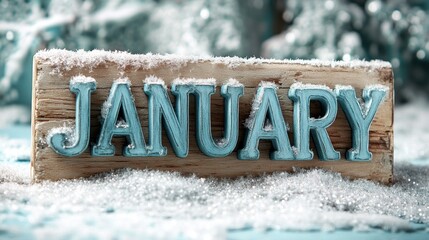 Wooden sign with the month January, covered in snow.