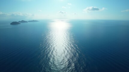 Fototapeta premium A hyper realistic aerial view captures an ocean with sunlight glinting off the surface and distant landmasses, conveying boundless freedom and natural grandeur.
