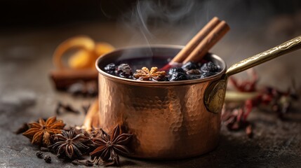 Cozy Winter Delight: Tiny Copper Pot of Mulled Wine with Cinnamon Stick