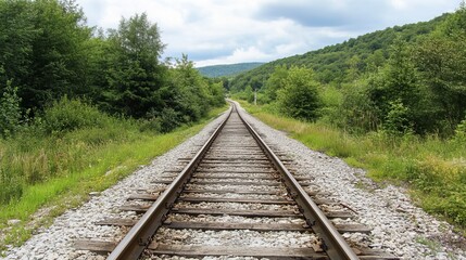 Fototapeta premium A single railway track stretches into a lush green valley under a partly cloudy sky, offering a sense of journey and exploration