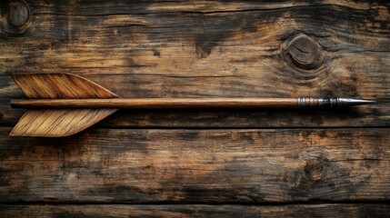 Wooden arrow with metal tip on rustic brown wood background.