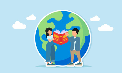 Young man and woman reading books near a globe illustration of expanding knowledge and literacy