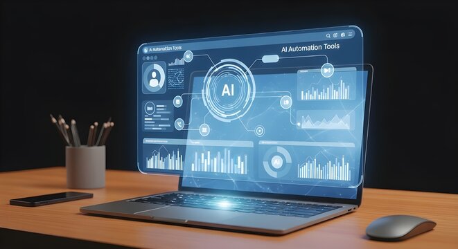 AI Automation Workstation: Holographic Dashboard Displaying Data Pipelines on Futuristic Laptop