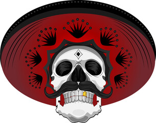 Halloween skeleton head of a man with a gold tooth and a sombrero