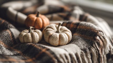 Charming Tiny Pumpkins on a Soft Plaid Scarf - A Delicate Autumn Touch