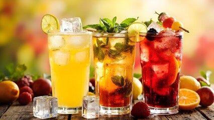Three takeaway cups of icy summer beverages. Lemonade set on a vibrant background.