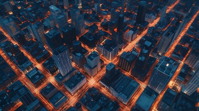 A hyper realistic aerial view captures a sprawling city at dusk, with countless lights, emphasizing the intricate network of urban infrastructure and vibrant metropolitan life.