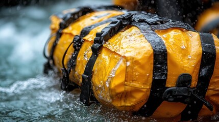 Yellow waterproof bag floating in rushing water, secured with black straps.