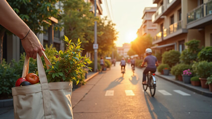 Ultra-realistic first-person photo of walking down a tree-lined street in a sustainable city at sunrise, holding fresh market veggies and flowers, embodying serene, slow living and community life.