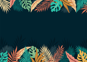 Tropical Leaf  frame with borders of palm leaves, plants and flowers. tropical background with wildlife leaves.
