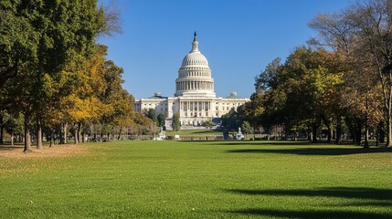 Obraz premium Autumnal view of a majestic capitol building, framed by vibrant trees and a sprawling green lawn under a clear blue sky