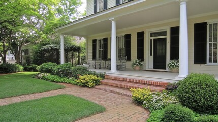 Naklejka premium Charming colonial-style house with a spacious porch, brick pathway, and well-manicured lawn