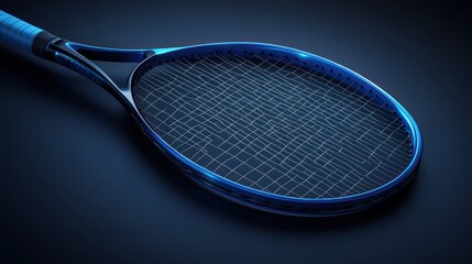 Blue tennis racket, dark background, close-up, sports equipment, website banner