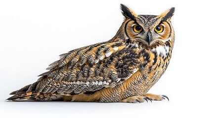 Detailed close-up of a great horned owl.