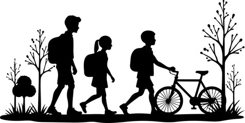 Obraz premium father and son walking in school, silhouette, tree, couple, family, nature, people, child, love, park, woman, vector, grass, illustration, spring, walk, boy, sky, garden, mother, father, summer, sun, 