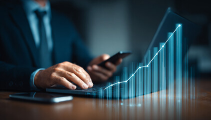 Business Growth and Digital Success, Business professional analyzing data on a laptop with a smartphone in hand, overlaid with a glowing upward-trending bar graph symbolizing growth, success, and digi