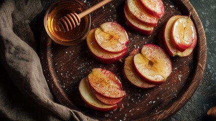 Delicious Top View of Apple Slices Drizzled with Honey
