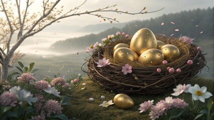 Golden Eggs Nest with Easter, Wealth, and Luxury.
