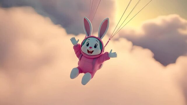 Adorable Pink Bunny Skydiving Through Soft Clouds at Sunset