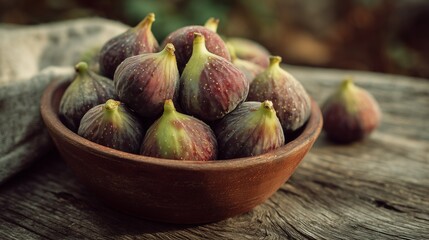 Top View of Fresh Figs in a Rustic Wooden Bowl
