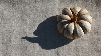 Cozy Autumn Aesthetic: A Top View of a Neutral Pumpkin on Linen