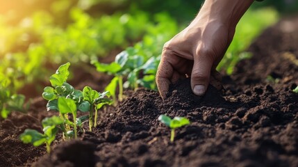Hand planting seedlings in rich soil, garden background, sustainable farming