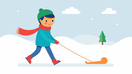 Winter Fun Boy Pulling Sled Through Snowy Landscape