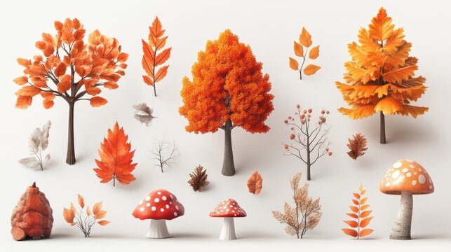 Autumnal trees, leaves, mushrooms, game assets, white background