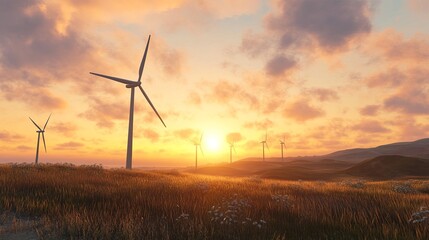 Obraz premium Golden sunset over a field with several wind turbines generating clean energy