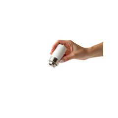 Woman's Hand Holding Modern White and Silver Salt or Pepper Grinder