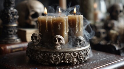 Vintage Candle Holder with Dripping Wax and Skull Accent