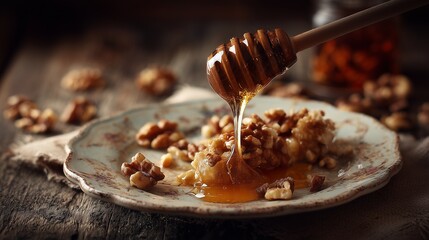 Decadent Walnuts Drizzled with Honey on Vintage Plate