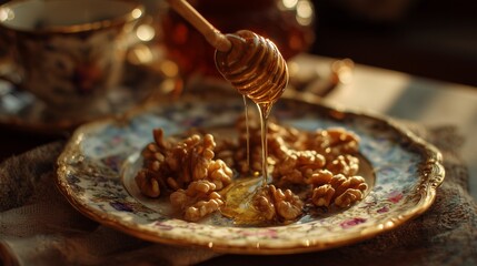 Delightful Walnuts and Honey Drizzle on Vintage Plate