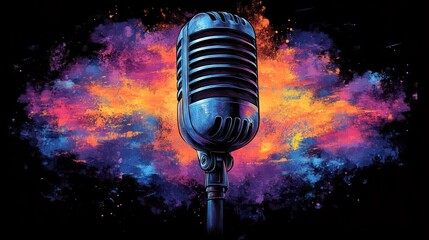 Retro microphone in vibrant colorful nebula.