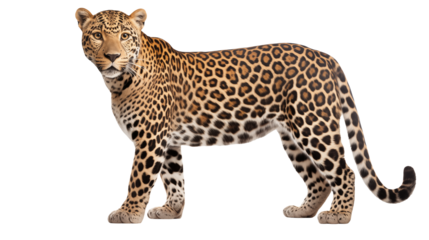 Captivating leopard prowls with distinctive spots against transparent background ready for design integration.