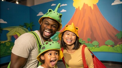 Mixed Race Family Posing in Dinosaur Themed Museum Photo Booth During Joyful Day Outing