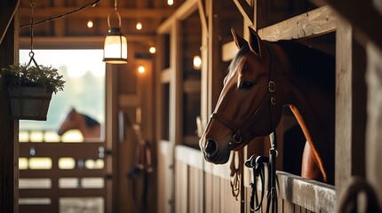 A hyper realistic image captures a cozy barn interior with soft, warm lighting from hanging lanterns, a horse looking out from its stall, and a saddle and bridle, conveying peaceful tranquility.
