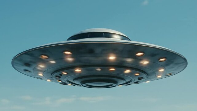 UFO Flying Over Clear Blue Sky with Bright Lights and Smooth Motion
